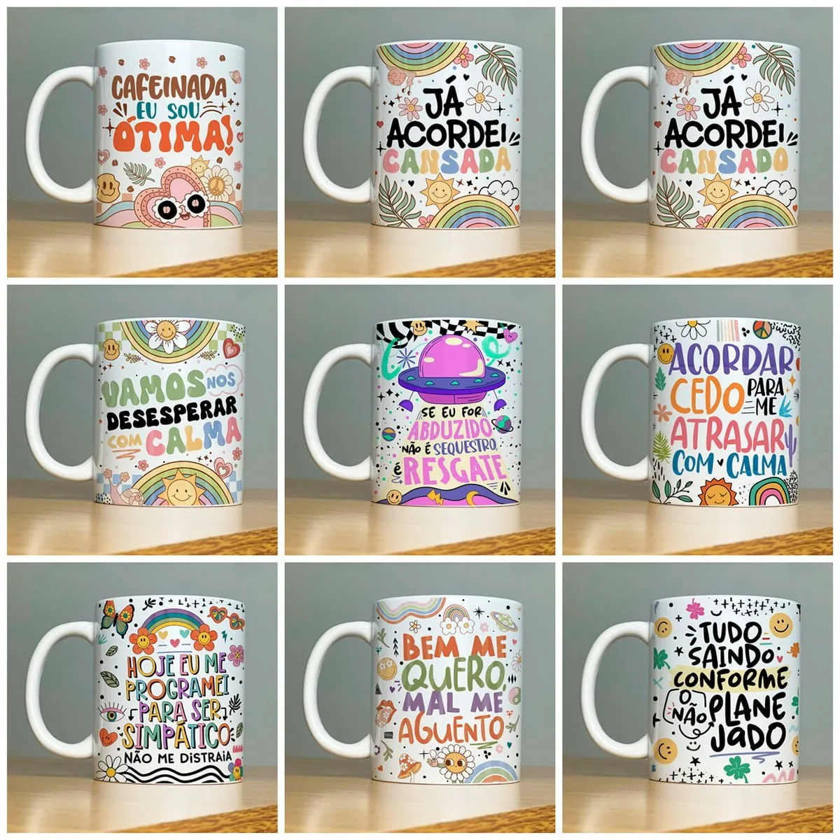 Coleção de nove canecas brancas com estampas coloridas contendo frases motivacionais e engraçadas.