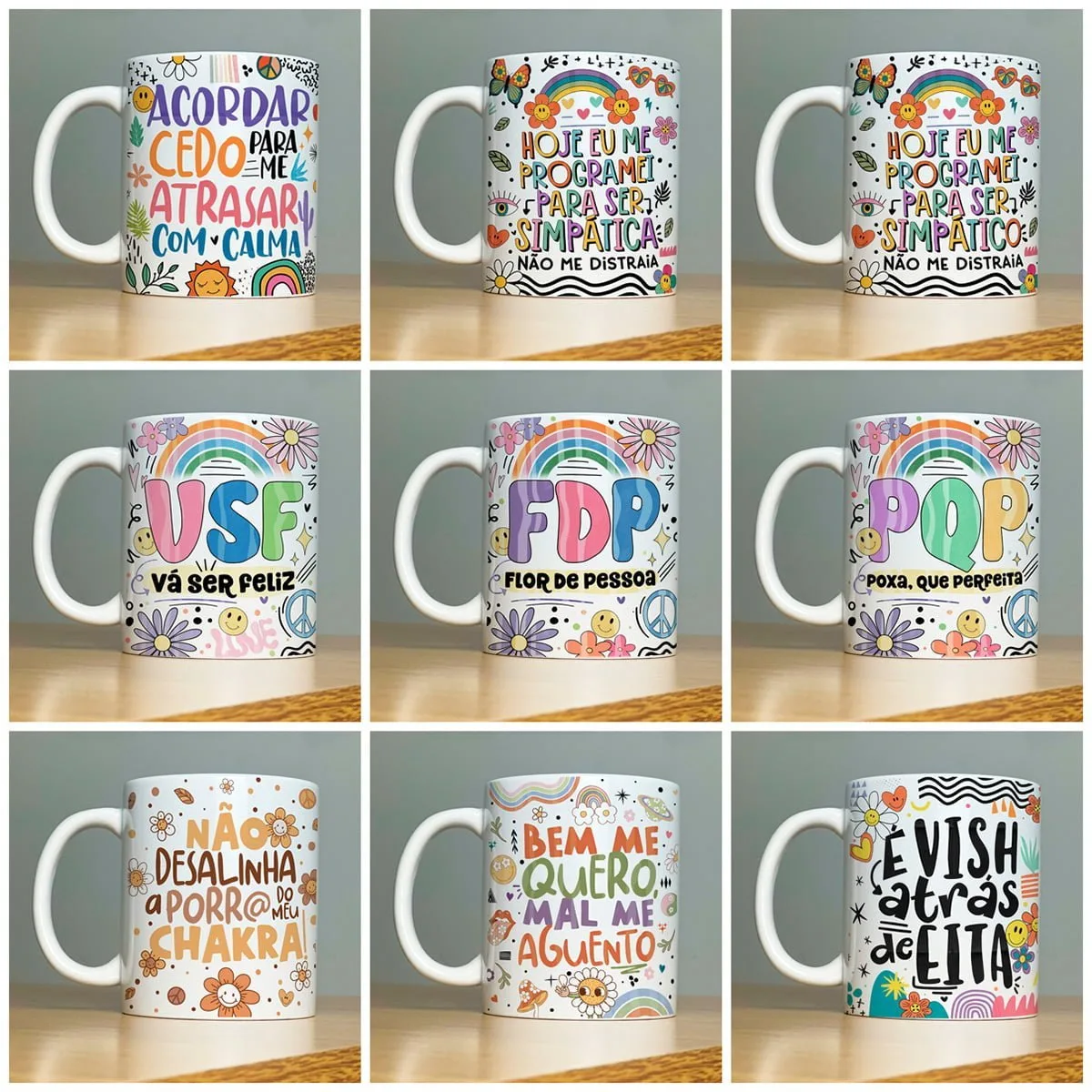 Coleção de nove canecas brancas com frases coloridas e ilustrações estilo retrô e divertido.