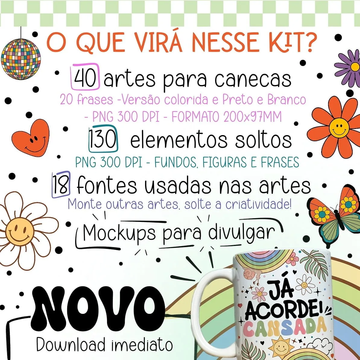 Anúncio digital colorido listando itens incluídos em um kit de artes para canecas.