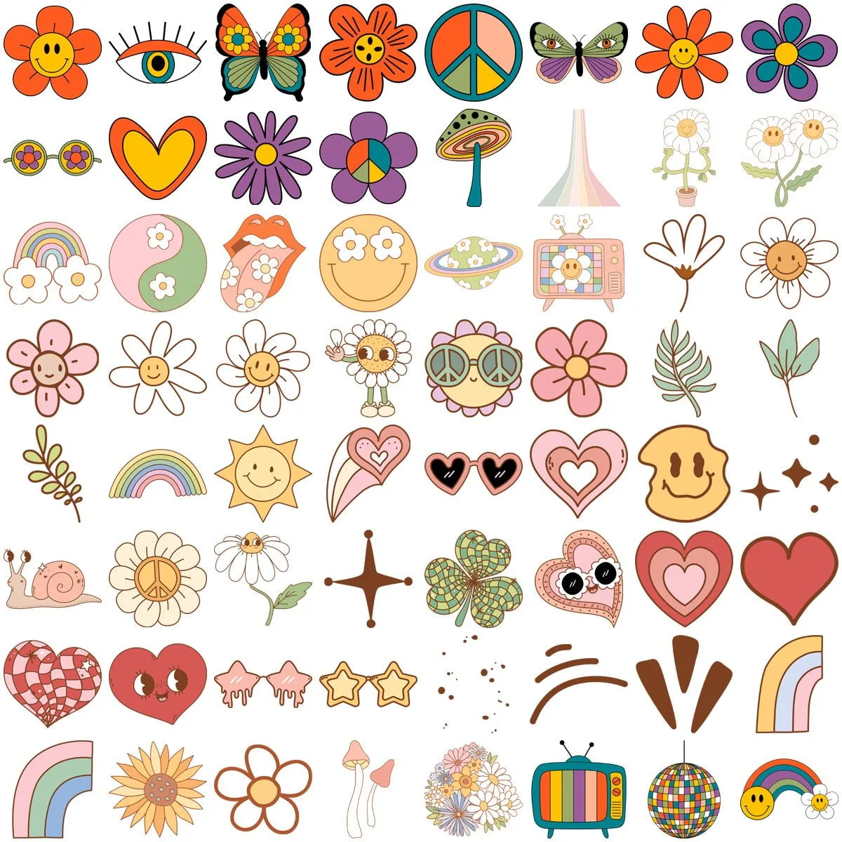 Coleção de adesivos digitais coloridos com flores, corações, arco-íris e ícones estilo retrô.