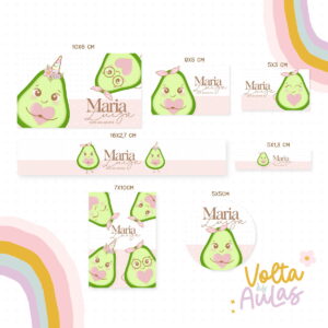 Etiquetas digitais personalizadas com tema de abacate de desenho animado em vários tamanhos.