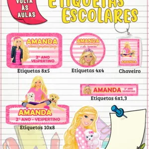 Conjunto de etiquetas escolares personalizadas com ilustração de boneca loira e temática rosa.