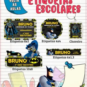 Conjunto de etiquetas escolares personalizadas com ilustrações de super-herói sobre fundo de caderno.
