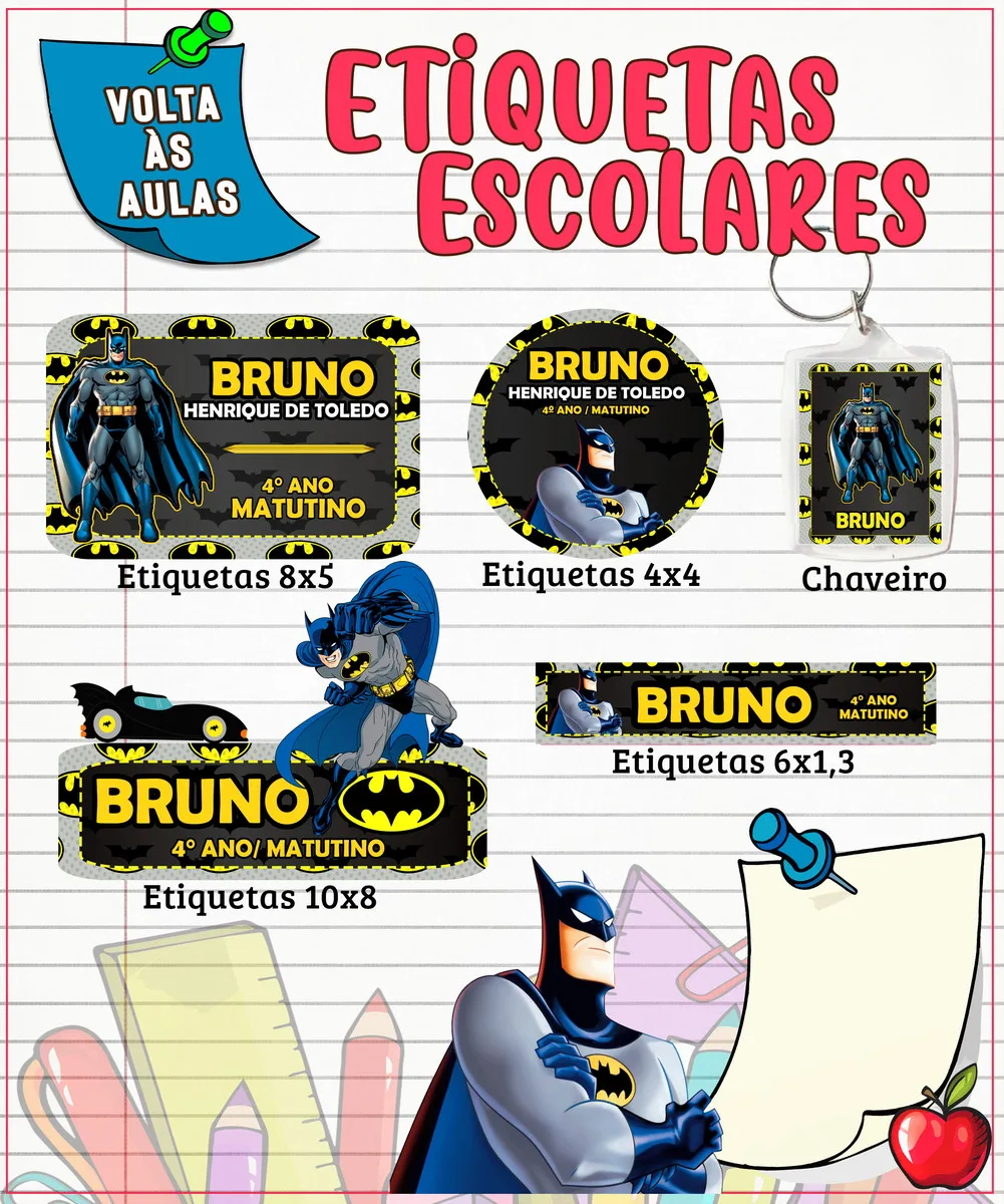 Conjunto de etiquetas escolares personalizadas com ilustrações de super-herói sobre fundo de caderno.