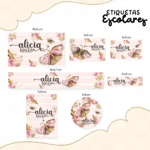 Conjunto de etiquetas escolares com ilustrações de borboletas e flores em tons pastéis.