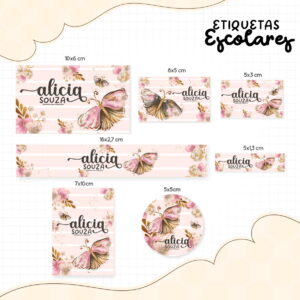 Conjunto de etiquetas escolares com tema de borboletas e flores em tons rosa.