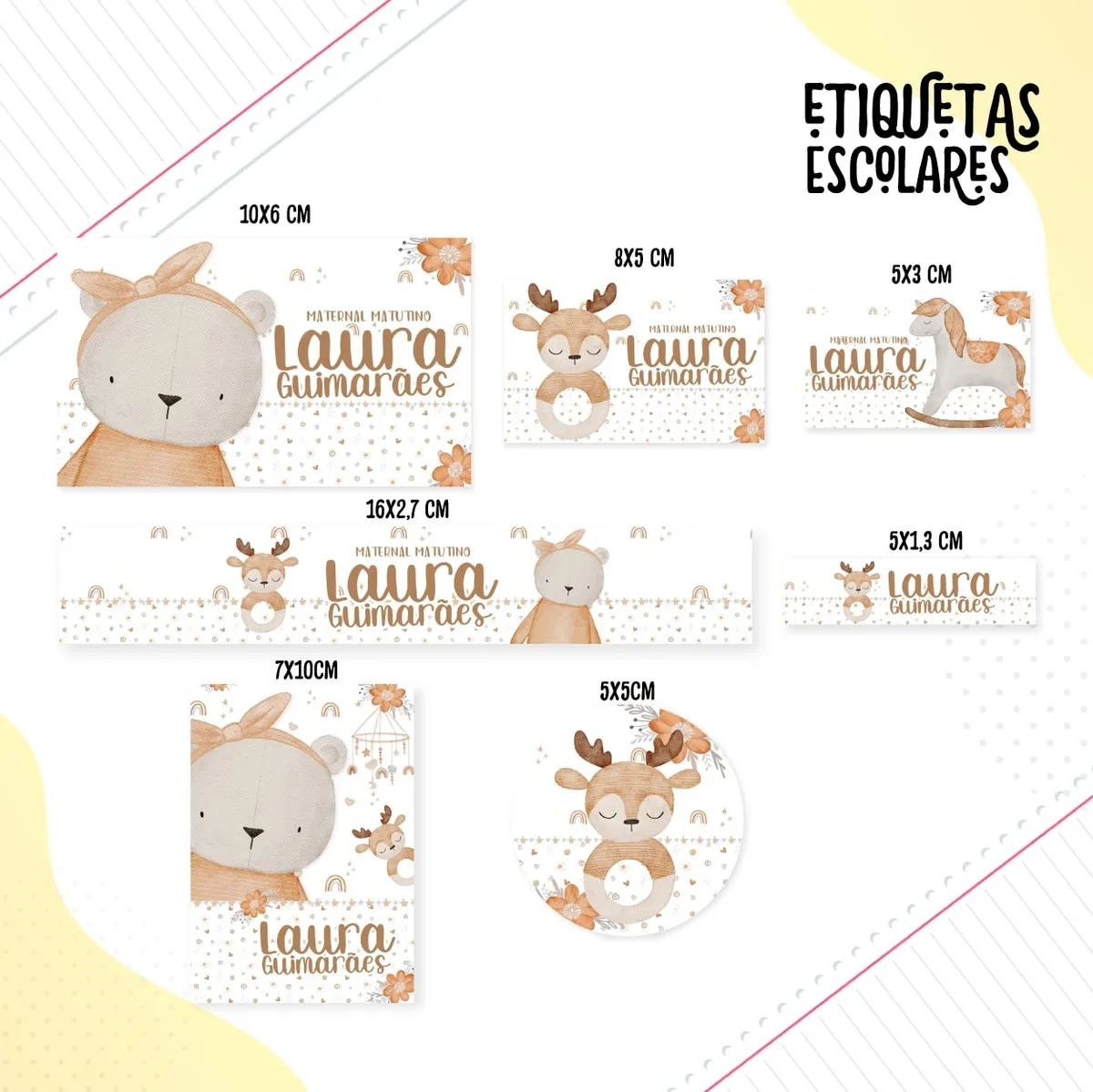 Conjunto de etiquetas escolares personalizadas com desenhos infantis e tamanhos variados dispostos em fundo branco.