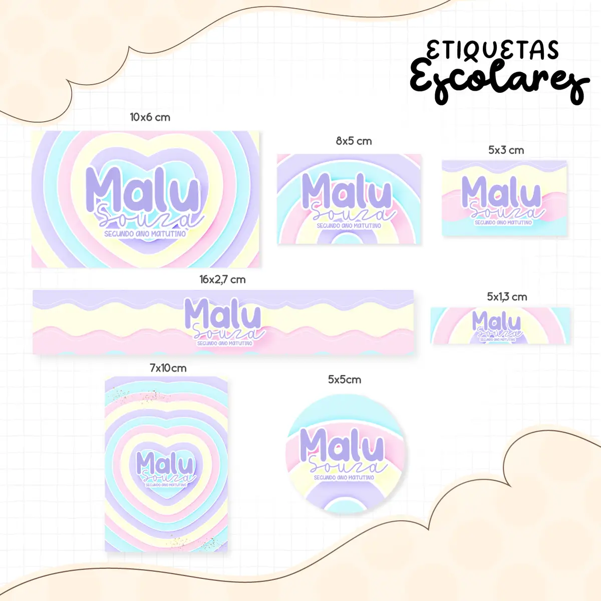 Etiqueta Escolar Candy Color - Arquivo Digital 1 Várias etiquetas escolares com diferentes formatos e medidas dispostas sobre um fundo quadriculado