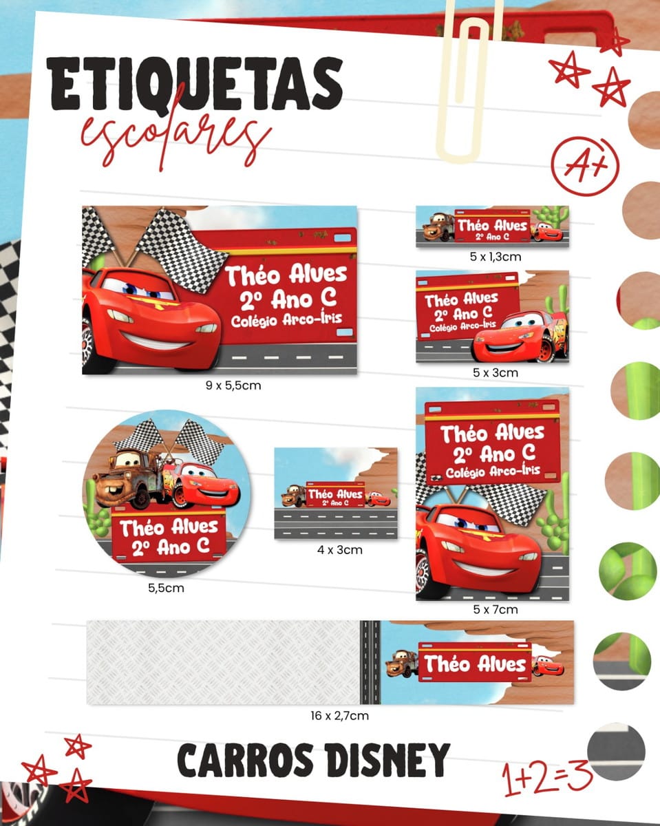Etiqueta Escolar Carros Disney em PNG e PDF 1 Etiqueta Escolar Carros Disney em PNG e PDF