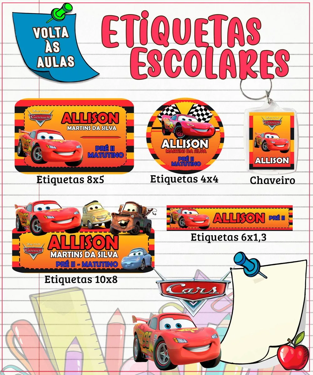 Etiqueta Escolar Carros Disney - Arquivo Digital