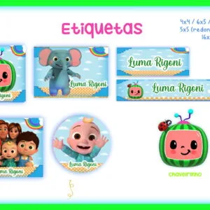 Etiqueta Escolar Cocomelon - Arquivo Digital 6 Arte digital com diversos modelos de etiquetas coloridas com personagens infantis e texto personalizado.