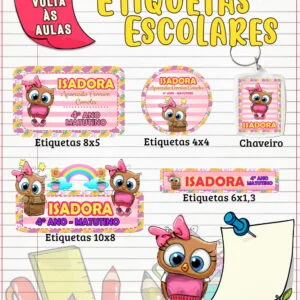 Conjunto de etiquetas escolares personalizadas com desenhos de corujas e itens coloridos.