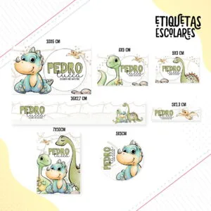 Amostras de etiquetas escolares com temas de dinossauros coloridos e dimensões variadas.