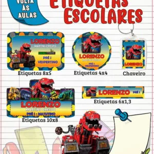 Coleção de etiquetas escolares personalizadas com temática de dinossauro robótico em fundo quadriculado.