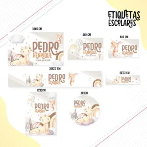 Conjunto de etiquetas escolares digitais com tema de dragões e castelos em vários formatos