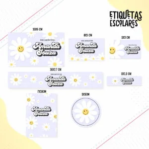 Apresentação de etiquetas escolares personalizadas com margaridas brancas e fundo quadriculado lilás.