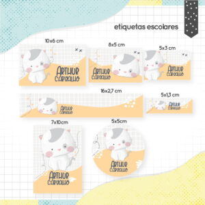 Arte digital de etiquetas escolares personalizáveis com ilustração de gato fofo.