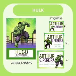 Arte digital verde com personagem musculoso e etiquetas escolares personalizadas com nomes