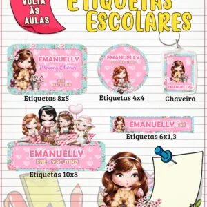 Coleção de etiquetas escolares personalizadas com desenhos de menina e fundos rosa