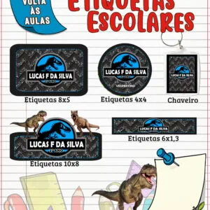 Conjunto de etiquetas escolares personalizadas com tema de dinossauro sobre fundo de papel pautado