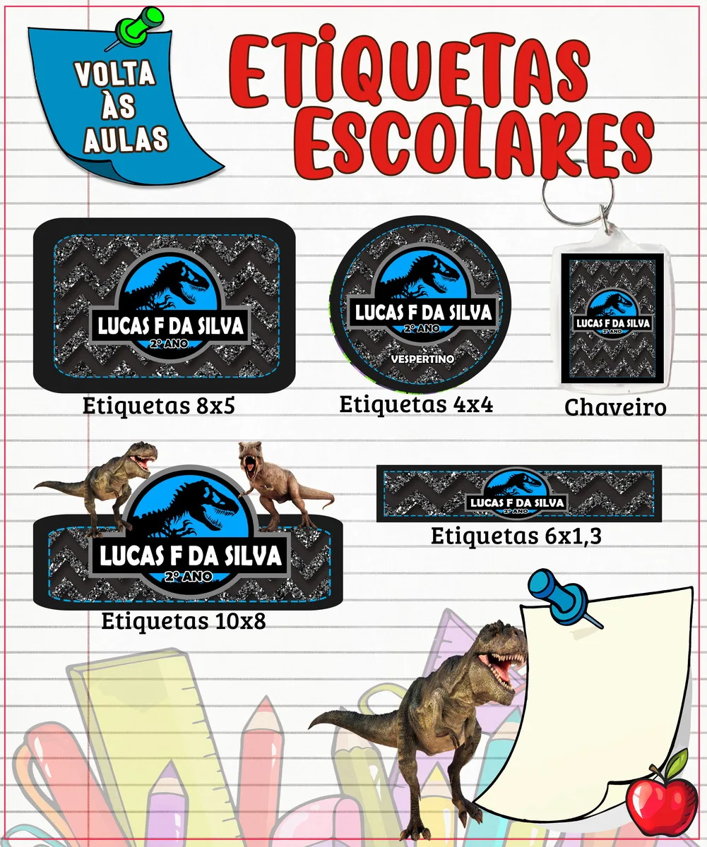 Conjunto de etiquetas escolares personalizadas com tema de dinossauro sobre fundo de papel pautado