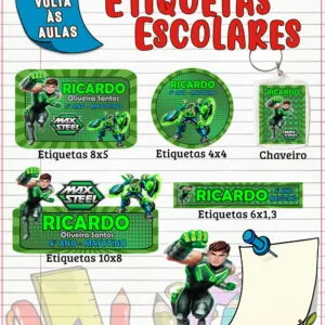 Coleção de etiquetas escolares personalizadas com personagem de ação e tema verde vibrante.