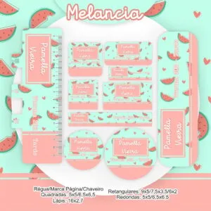 Kit de etiquetas escolares personalizadas com estampas de fatias de melancia em fundo verde.