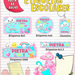 Conjunto de etiquetas escolares com desenhos de nuvens, arco-íris e corações coloridos.