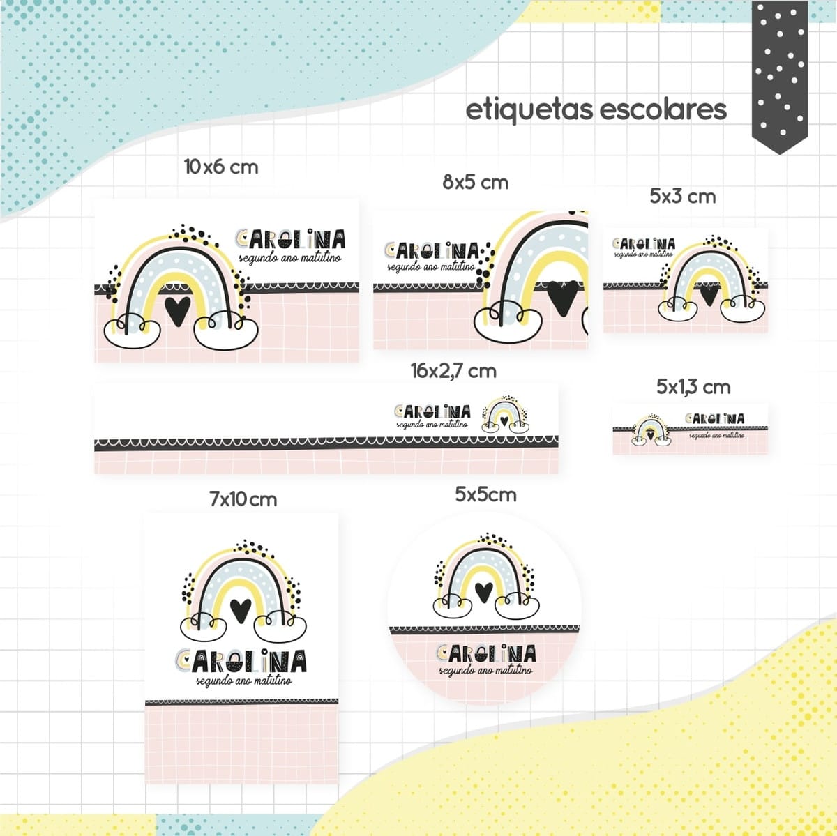 Etiqueta Escolar Menina Digital com Design Minimalista 1 Apresentação de etiquetas escolares com temas de arco-íris e medidas variadas.
