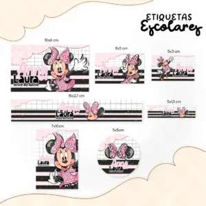 Coleção de etiquetas escolares personalizadas com estampas de personagens em tons de rosa.