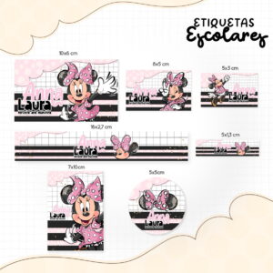 Conjunto de etiquetas escolares com tema rosa e preto com personagem de desenho.