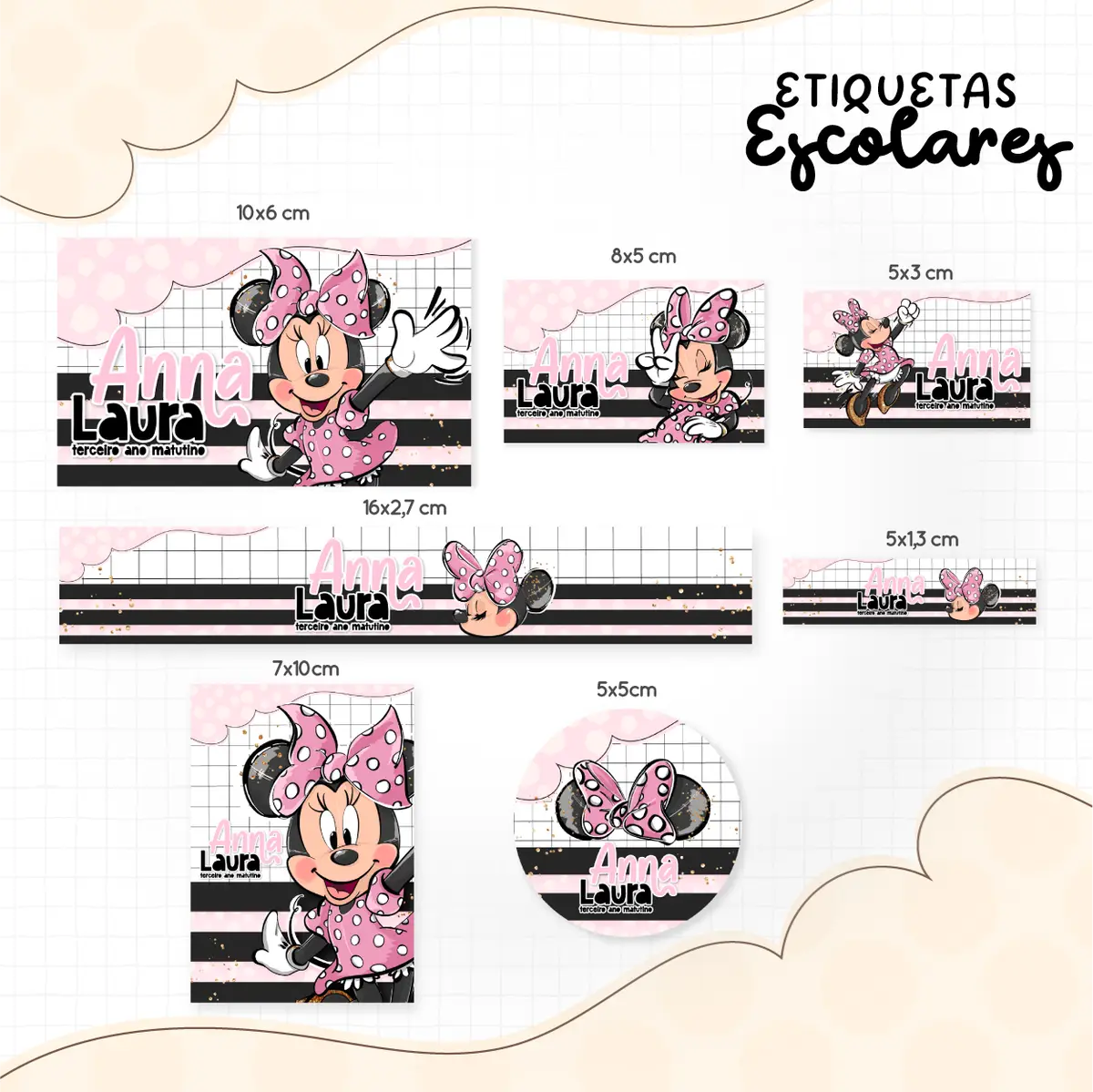 Etiqueta Escolar Minnie Rosa - Arquivo Digital 1 Coleção de etiquetas escolares personalizadas com estampas de personagens em tons de rosa.