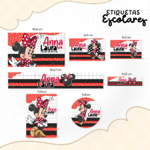 Apresentação de etiquetas escolares personalizadas com tema vermelho e personagem de desenho animado.