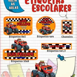Coleção de etiquetas escolares personalizadas com desenho de carro de corrida sobre papel pautado.