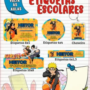 Conjunto de etiquetas escolares coloridas com tema de anime em fundo quadriculado.