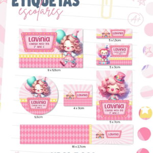 etiqueta escolar tema circo rosa em arquivo digital