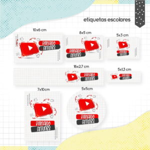 Conjunto de etiquetas escolares personalizadas com ícone de play e texto em vários formatos.