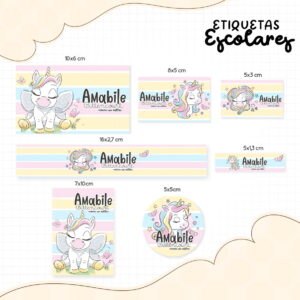 Conjunto de etiquetas escolares com tema de unicórnio em diferentes tamanhos e formatos.