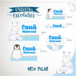 Conjunto de etiquetas escolares adesivas com desenhos de urso polar e pinguim.