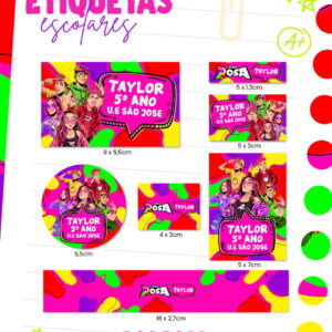 Etiquetas escolares digitais coloridas com personagens animados e espaços para texto personalizável.
