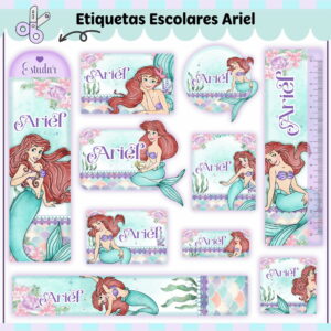 Conjunto de etiquetas escolares adesivas com ilustrações de uma sereia de cabelos ruivos.