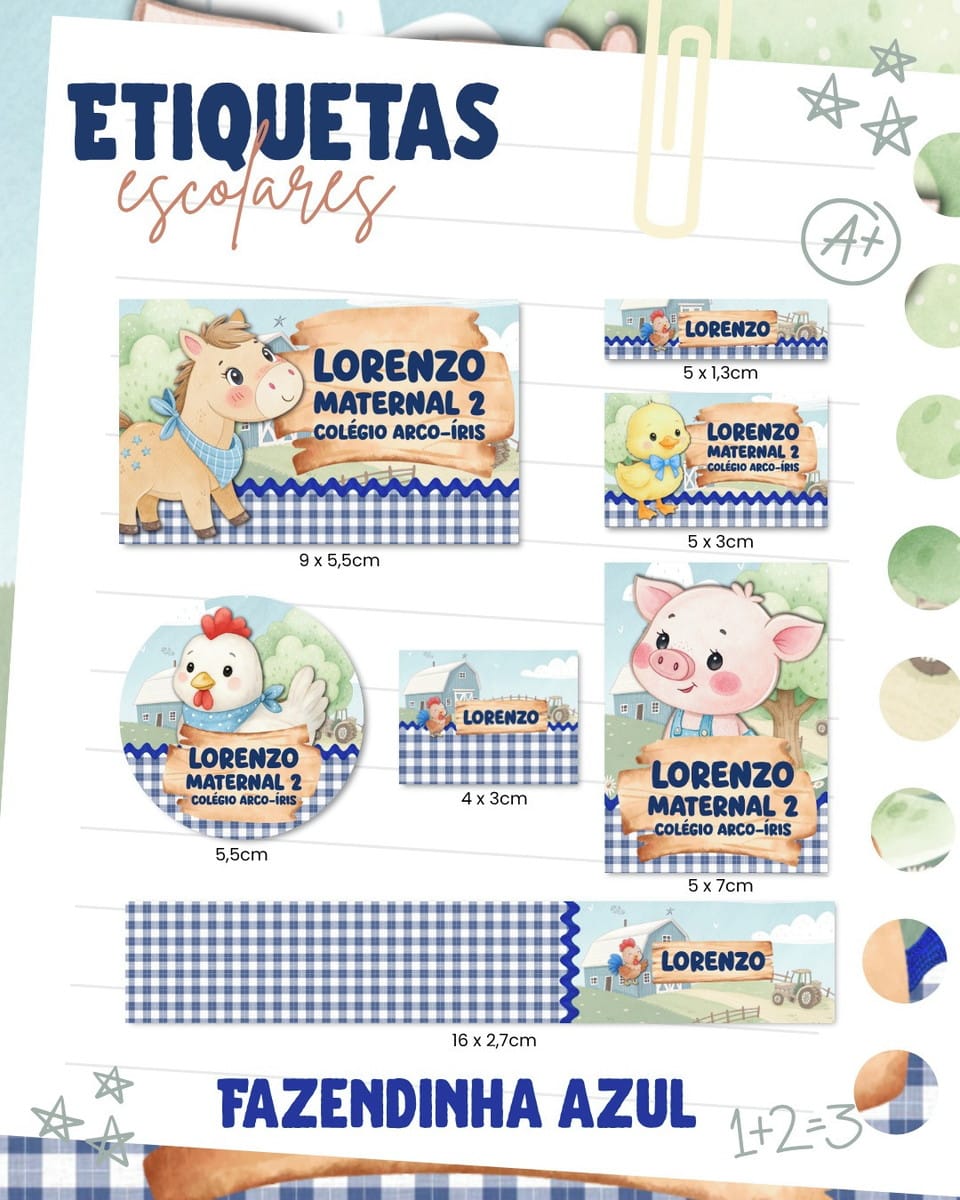 Etiquetas Escolares Personalizáveis 2026 com 20 Temas 2 Etiquetas escolares digitais com tema fazendinha azul e animais fofos.