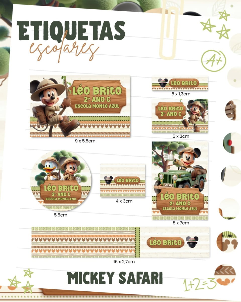 Etiquetas Escolares Personalizáveis 2026 com 20 Temas 3 Etiquetas escolares digitais com tema de safari, apresentando um personagem em traje de explorador.