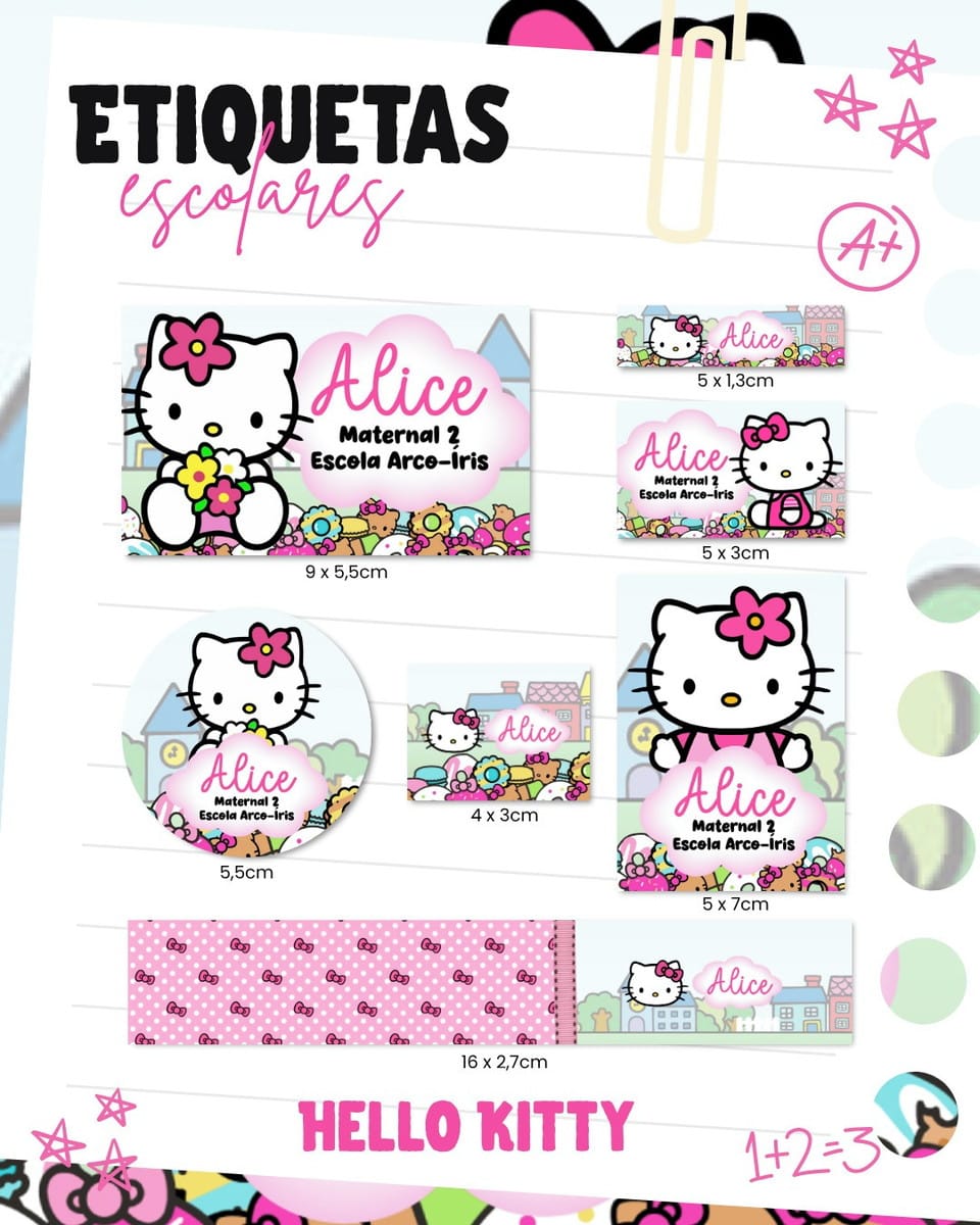 Etiquetas Escolares Personalizáveis 2026 com 20 Temas 4 Arte digital de etiquetas escolares com personagem de gatinho e detalhes coloridos.