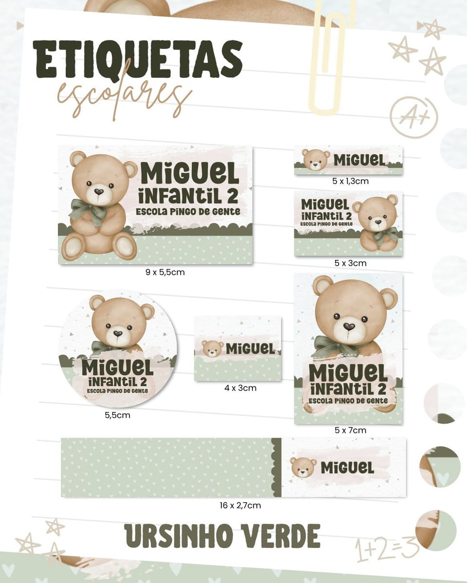 Etiquetas Escolares Personalizáveis 2026 com 20 Temas 5 Arte digital de etiquetas escolares com tema de ursinho verde em vários formatos.