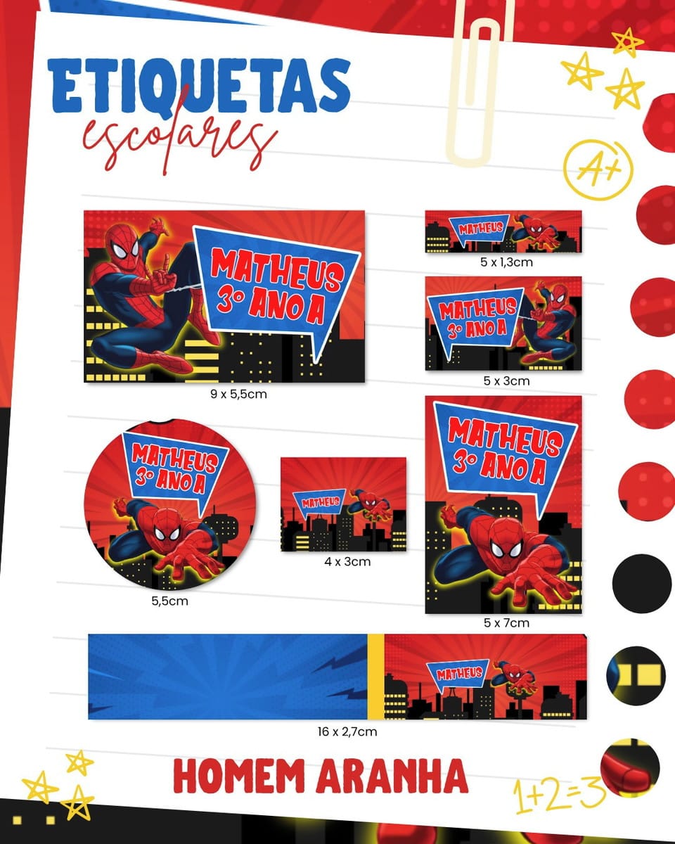 Etiquetas Escolares Personalizáveis 2026 com 20 Temas 1 Arte digital de etiquetas escolares com tema de super-herói vermelho e azul.