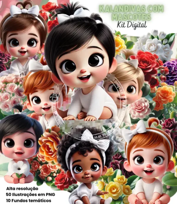 Flores Calandivas com Mascotes - Kit de Imagens PNG