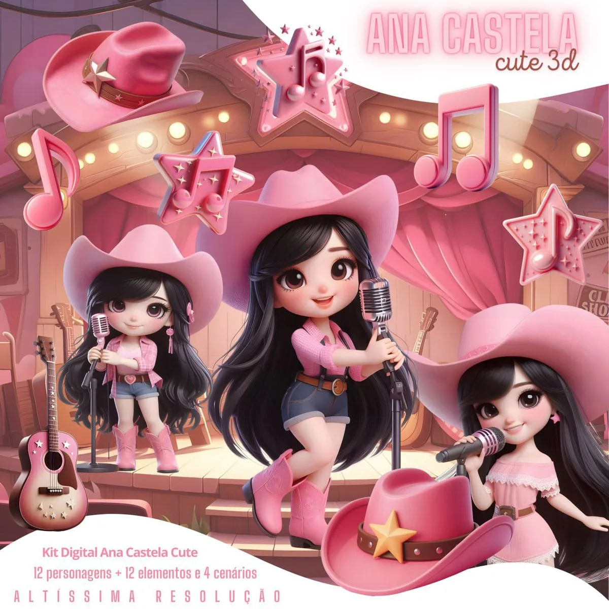 Ilustrações 3D Ana Castela Cute Menina Cantora Sertanejo