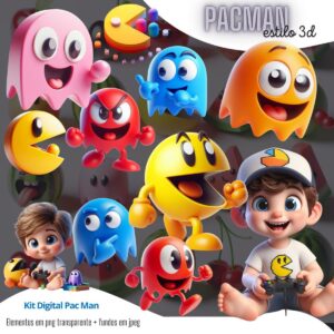 Ilustrações 3D Pagman Jogo Antigo Atari Criança Gamer Cute