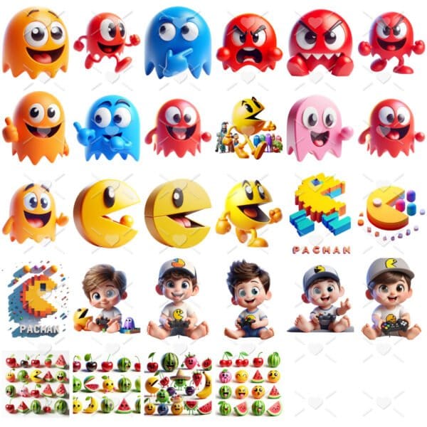 Ilustrações 3D Pagman Jogo Antigo Atari Criança Gamer Cute